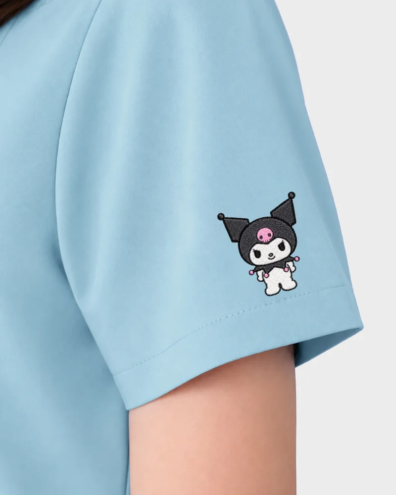 Kuromi Medical Scrub in Bubble Blue: the sleeve embroidery