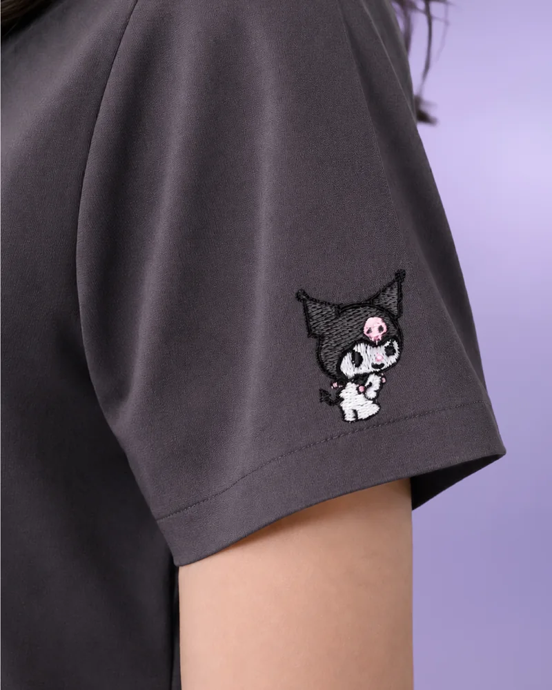 Kuromi Medical Scrub in Cozy Cloud: the sleeve embroidery