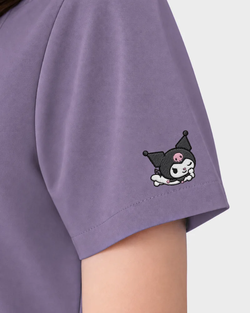 Kuromi Medical Scrub in Grape Mood: the sleeve embroidery