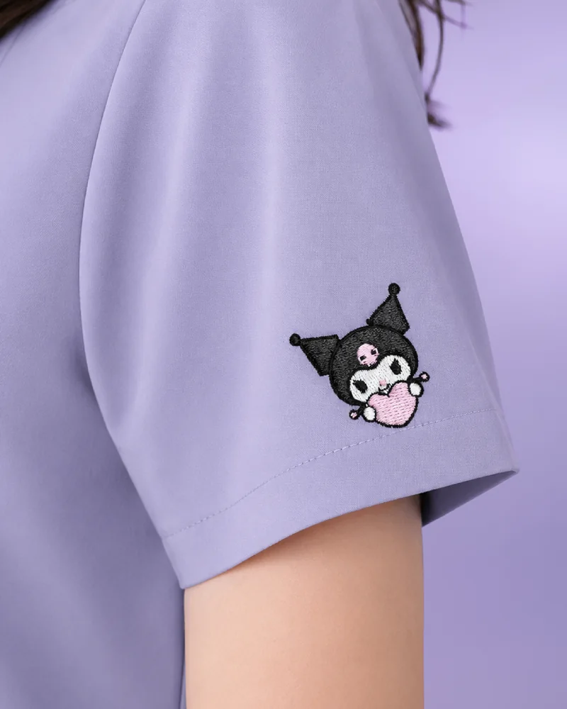 Kuromi Medical Scrub in Lavender Pop: the sleeve embroidery
