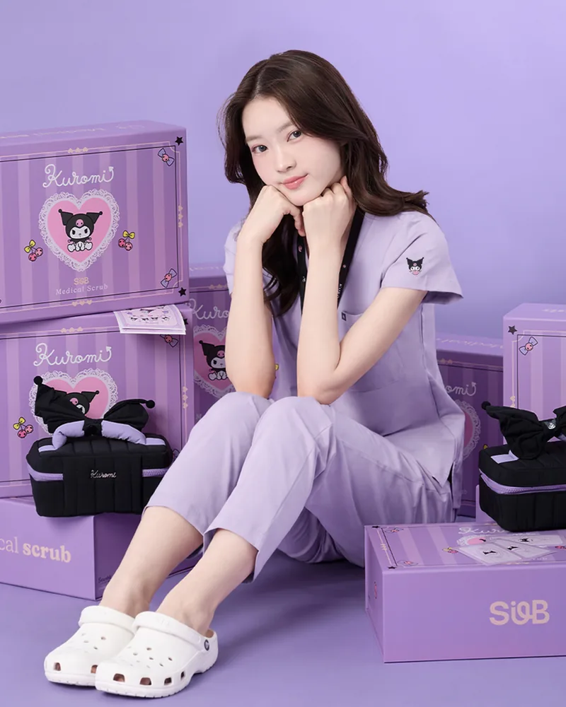 Kuromi Medical Scrub in Lavender Pop, styled