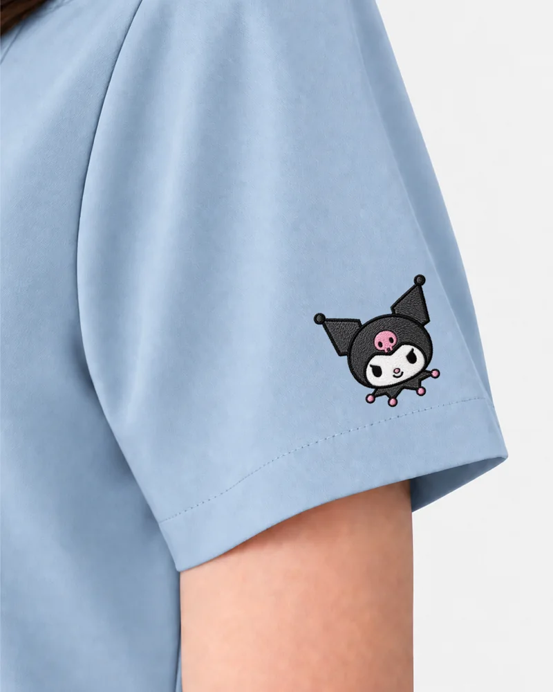 Kuromi Medical Scrub in Milky Blue: the sleeve embroidery