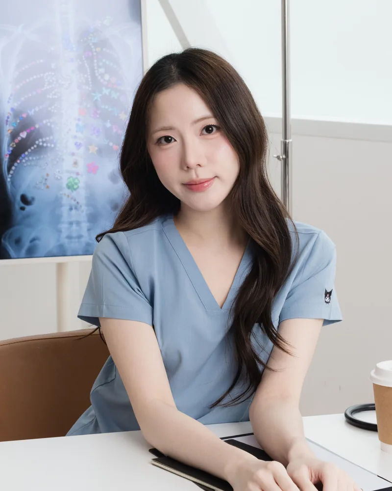 Kuromi Medical Scrub in Milky Blue, styled