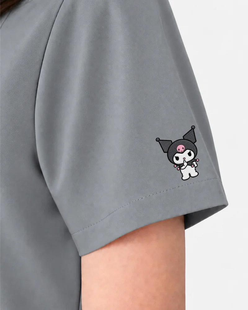 Kuromi Medical Scrub in Moody Storm: the sleeve embroidery