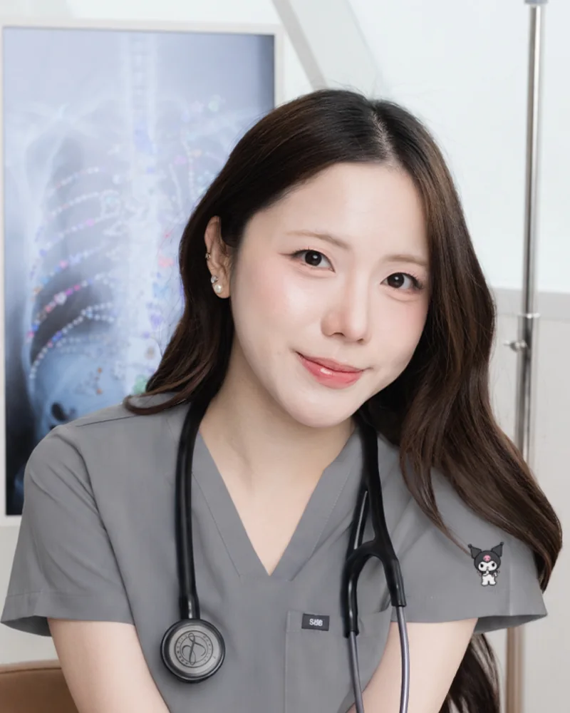 Kuromi Medical Scrub in Moody Storm, worn