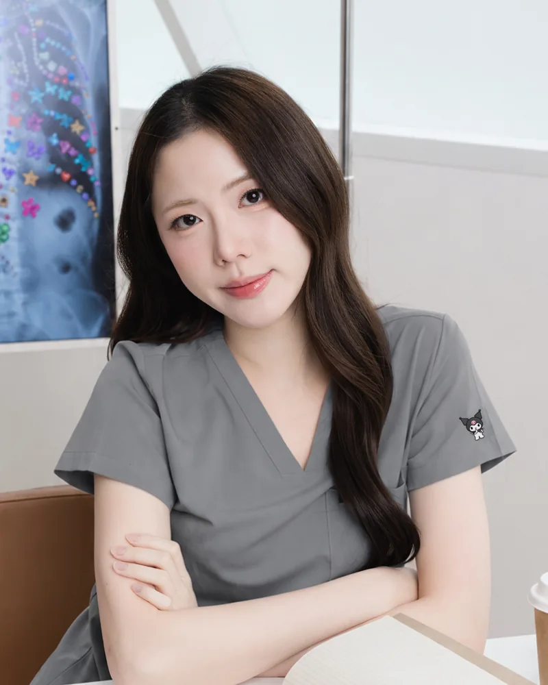 Kuromi Medical Scrub in Moody Storm, styled