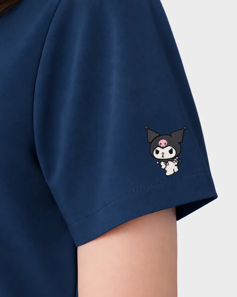 Kuromi Medical Scrub in Navy Chill: the sleeve embroidery