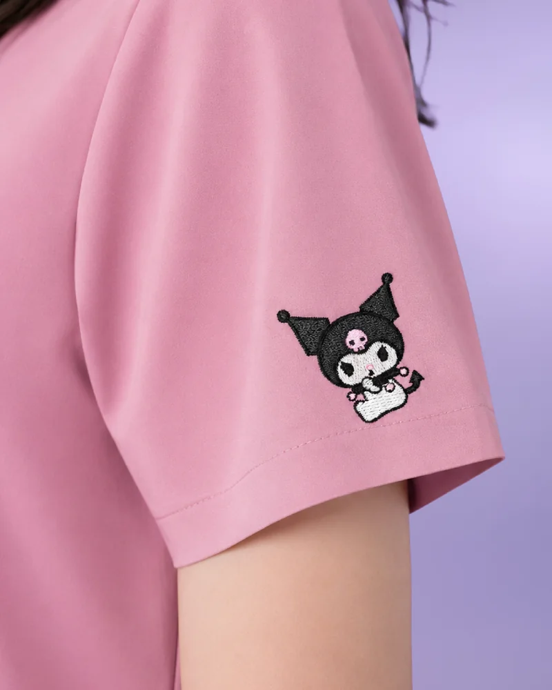 Kuromi Medical Scrub in Pinky Promise: the sleeve embroidery