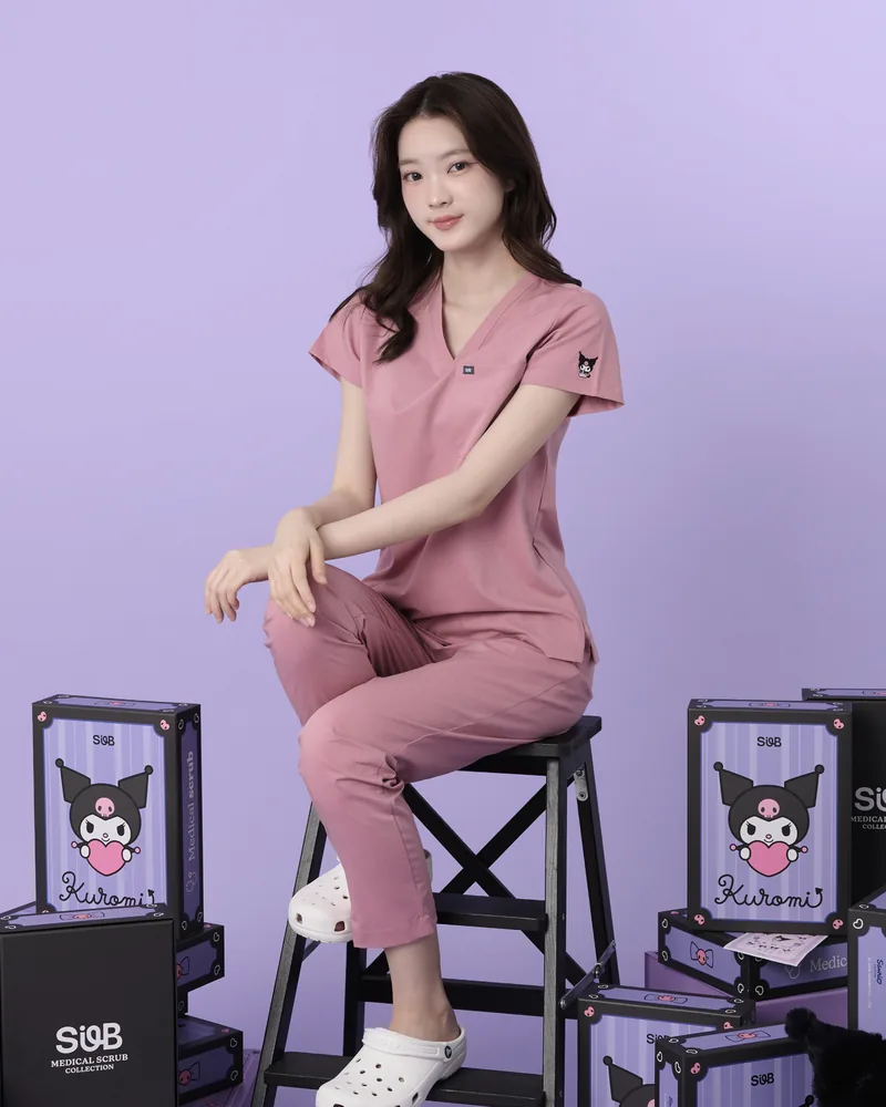 Kuromi Medical Scrub in Pinky Promise, styled