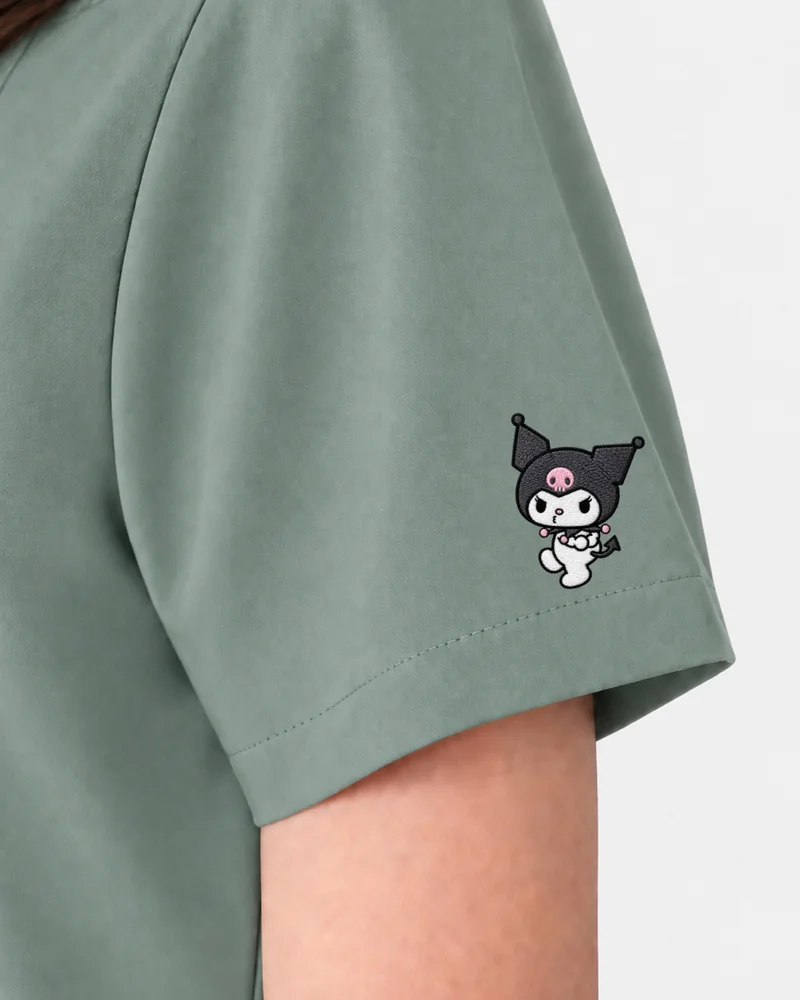 Kuromi Medical Scrub in Pure Matcha: the sleeve embroidery