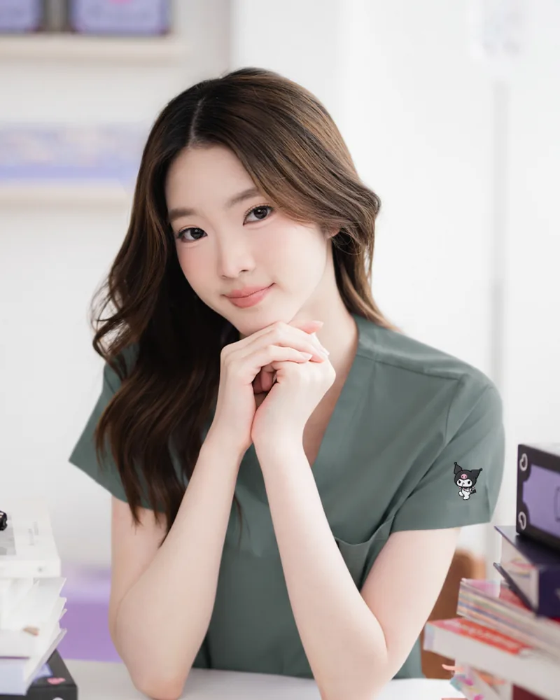 Kuromi Medical Scrub in Pure Matcha, styled