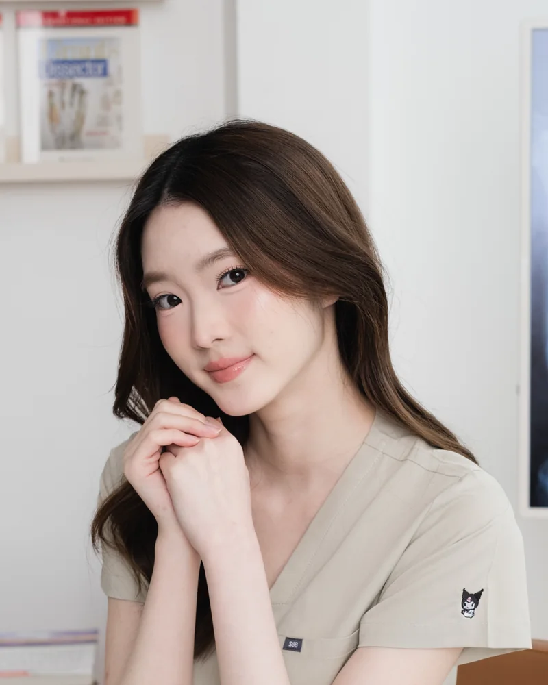 Kuromi Medical Scrub in Vanilla Cream, worn
